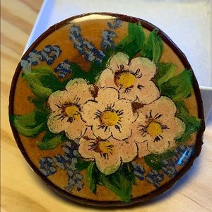 Flower hand painted wooden brooch vintage unique